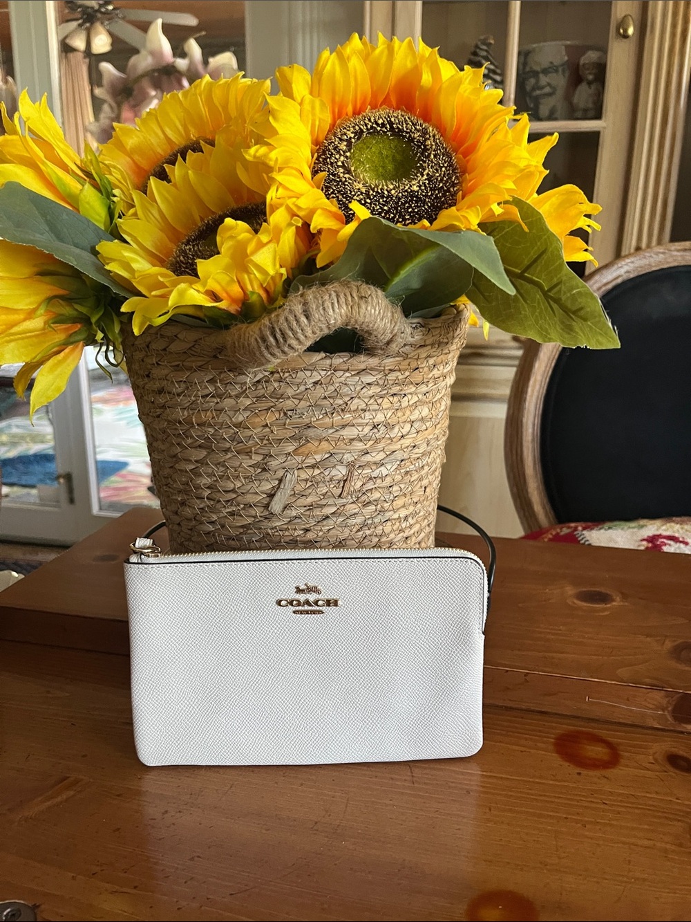 Coach Cream Leather Zip Wristlet with Gold Logo